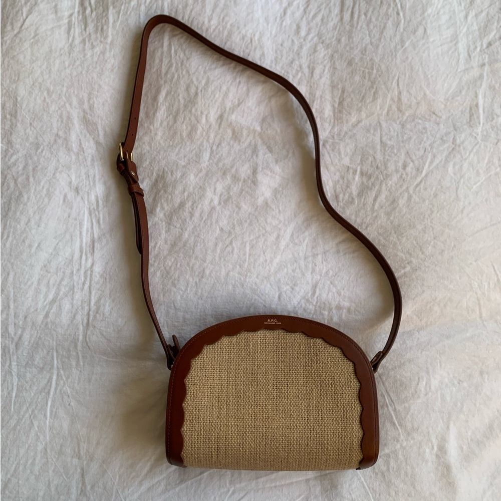 A.P.C. Demi Lune Jute Raffia Leather Crossbody Purse Bag Noisette Brown Tan - Picture 6 of 14